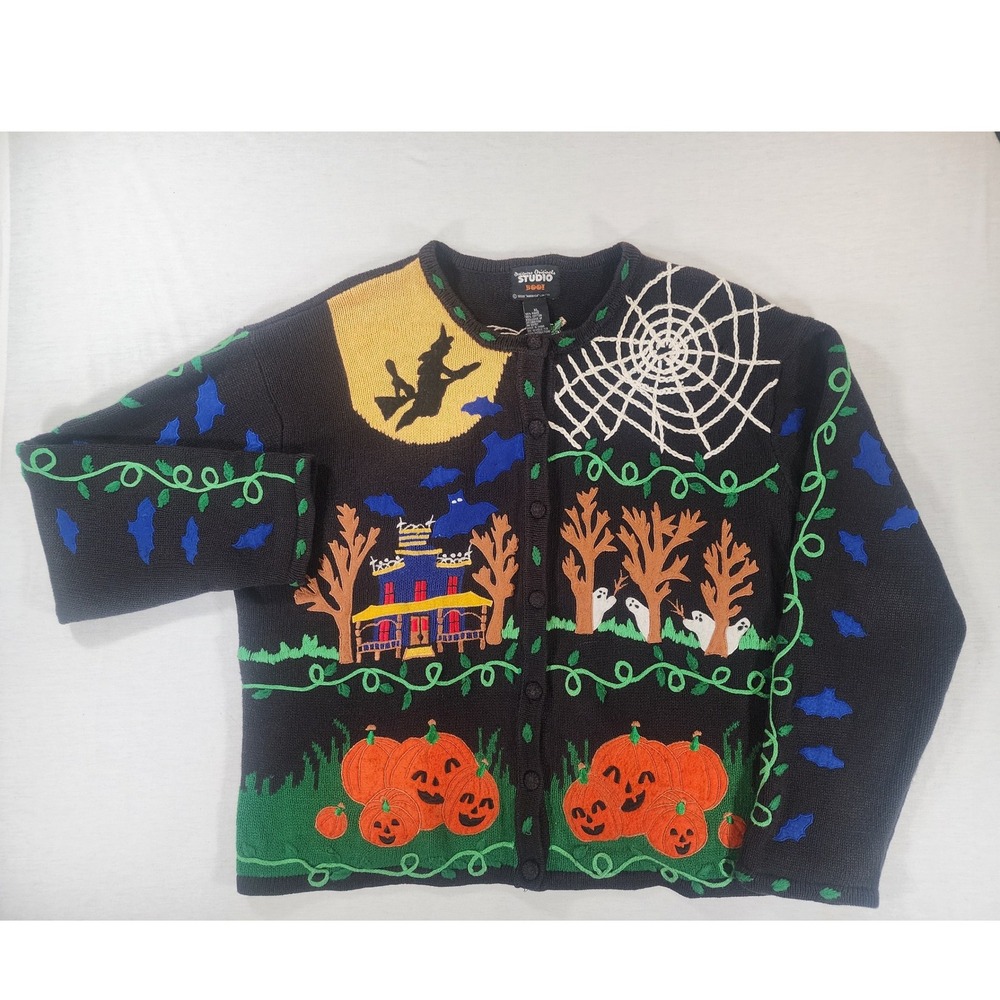 Vintage Halloween Cardigan Designers Originals Studio W XL Embroidered Appliqued